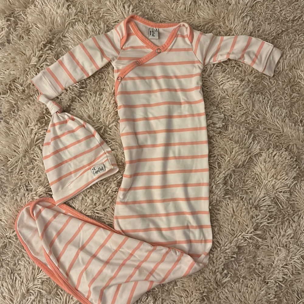 Copper Pearl coral striped gown and hat